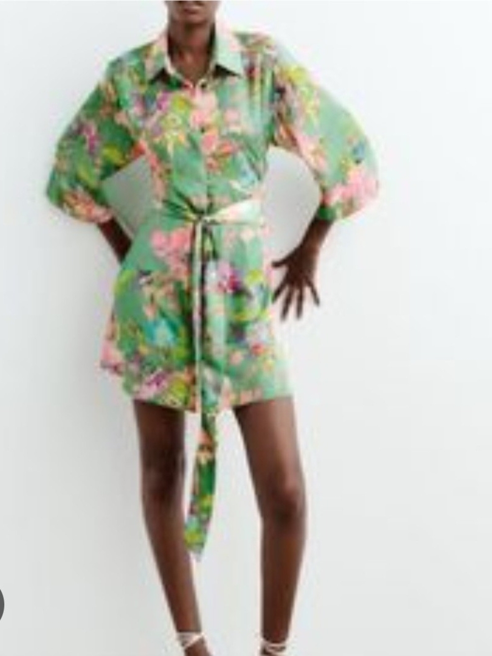 Zara Floral Tie Waist Half Sleeve Satin Effects Shirt Mini Dress XS